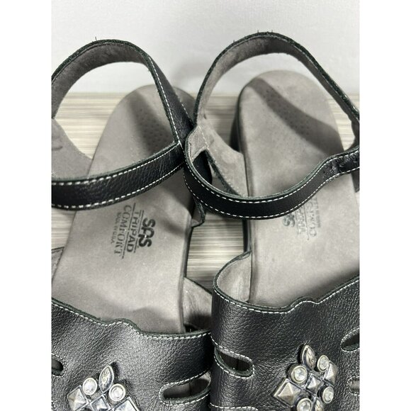 SAS Helena Sandals Women 10.5 N Black Leather Shoes Tripad Comfort Jeweled Bling - Picture 8 of 10